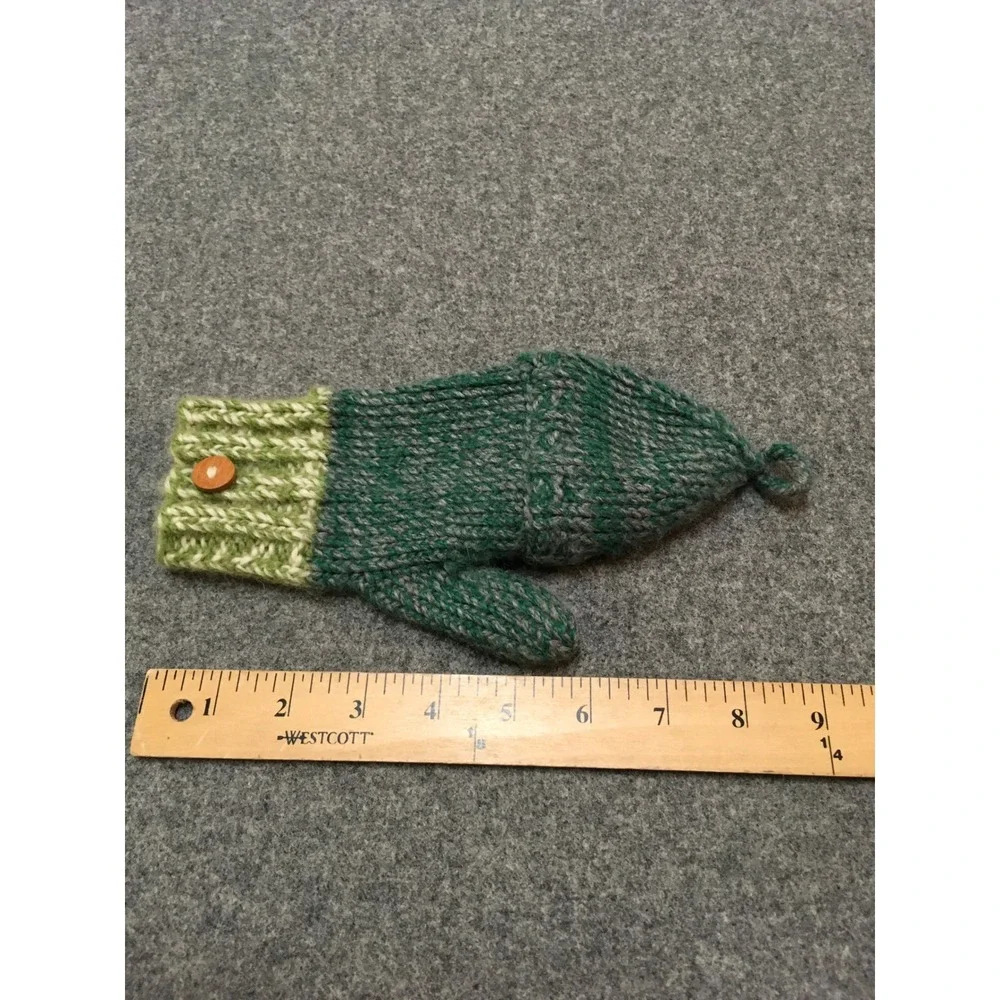 Homemade Convertible Mittens Kids 4-8 Years Green 100% Wool Flip Top Gloves